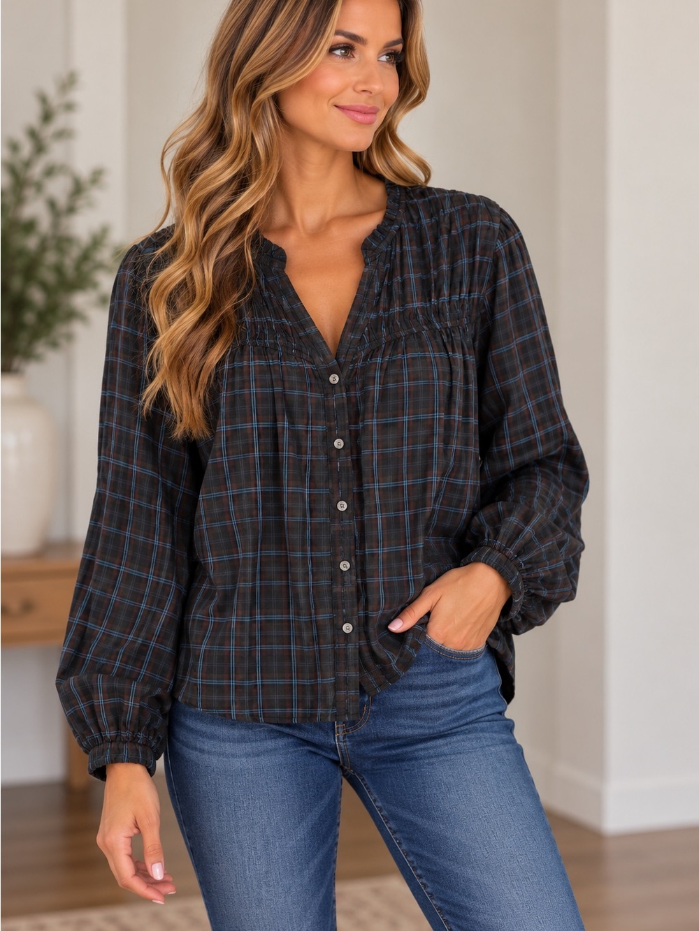 Time and Tru Black Plaid Button-Front Blouse with Blue Trim